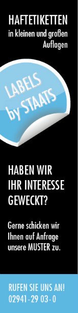 Schmucketiketten von Staats:
Etikett mit Veredelung, Verpackungsdesign, Verpackung, Heiß- und Kaltfolie, fühlbarer Warnhinweis, Siebdruck, LMi-Farbe, Golddruck, Holographie
